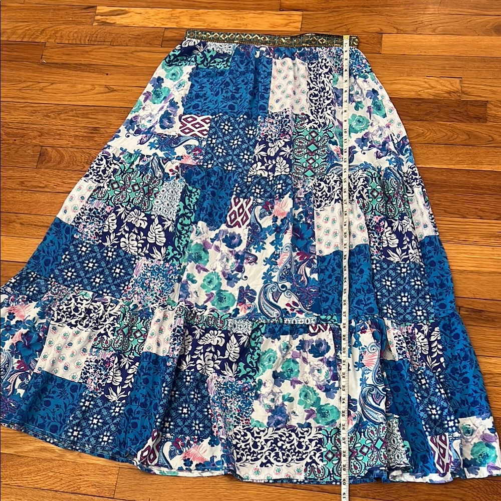 Rusttydustty Boho Blue Patchwork Maxi Skirt XL Embellished Waistband Festival EU - Picture 9 of 11